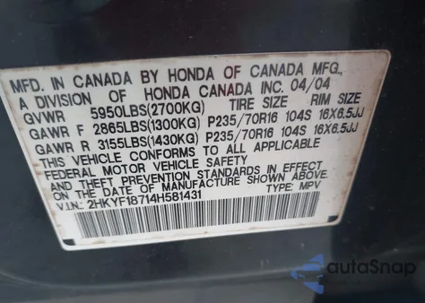 2004 Honda Pilot Ex z USA, uszkodzony, nr VIN 2HKYF18714H581431